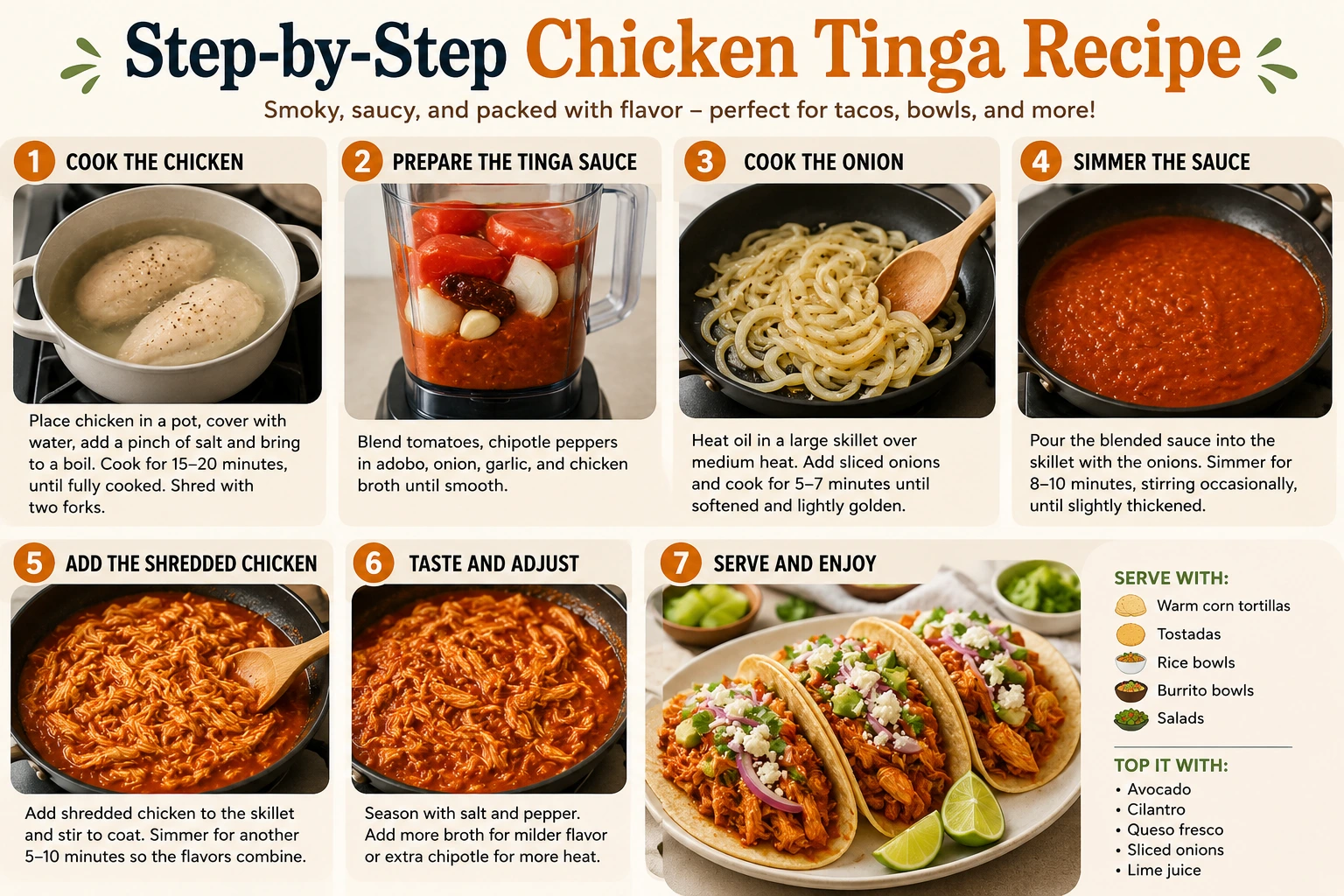 Step-by-step chicken tinga recipe showing how to cook chicken, prepare chipotle tinga sauce, simmer shredded chicken, and serve in tacos.
