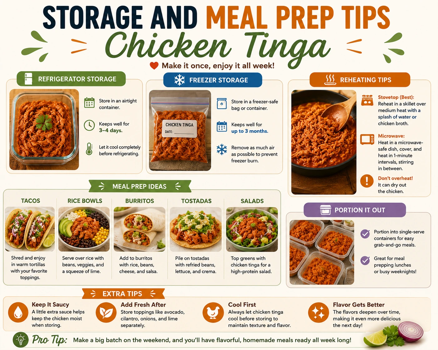 Storage and meal prep tips for chicken tinga including refrigerator storage, freezer storage, reheating methods, portioning, and meal prep ideas.